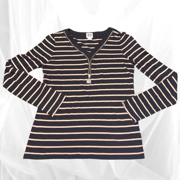 Anne Klein Zip Front Long Sleeve Top Tan and Black Stripe Sweater Women Size S - Picture 1 of 5